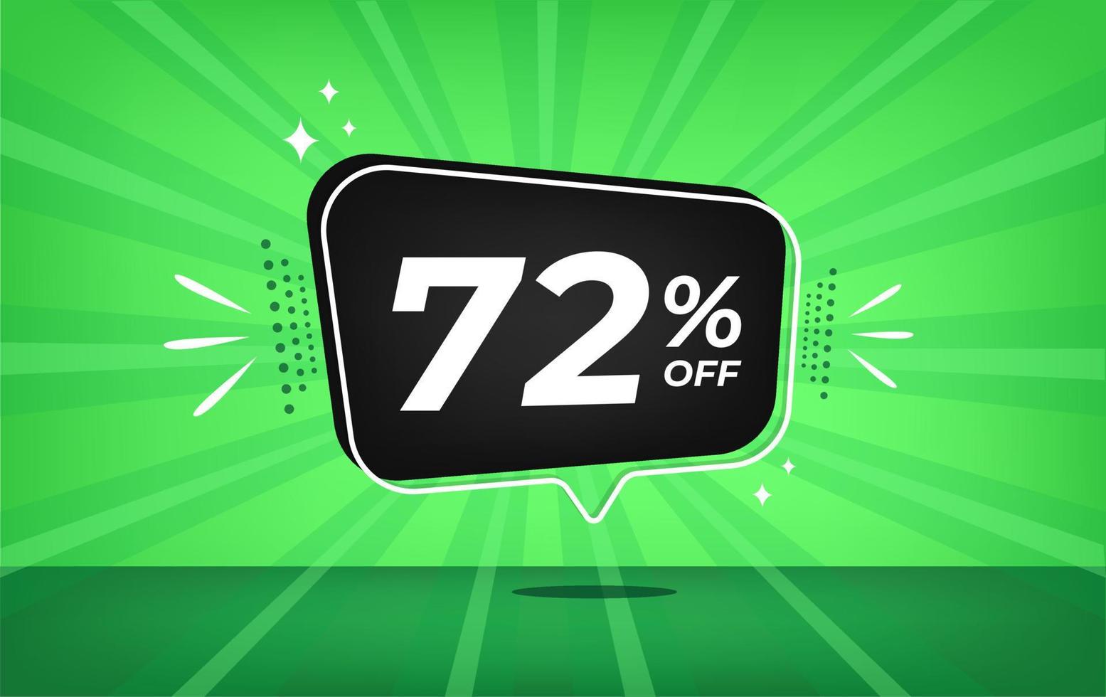 72 percent off. Green banner with seventy-two percent discount on a black balloon for mega big sales. vector