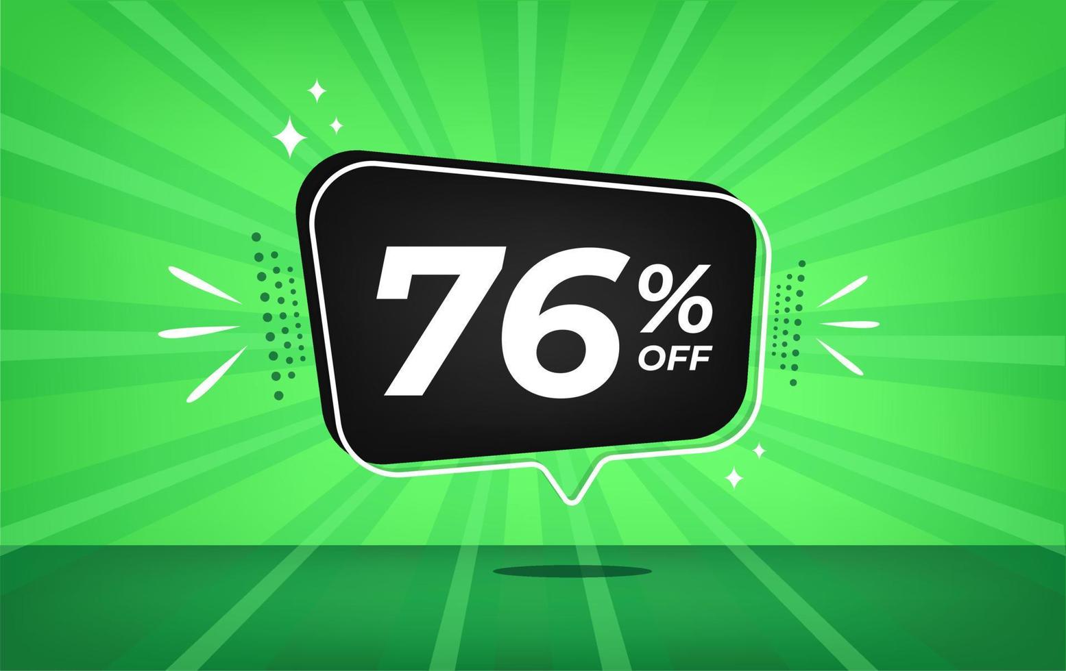 76 percent off. Green banner with seventy-six percent discount on a black balloon for mega big sales. vector