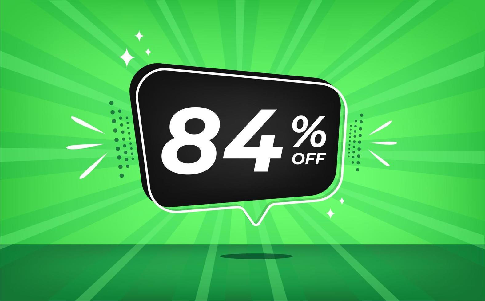 84 percent off. Green banner with eighty-four percent discount on a black balloon for mega big sales. vector