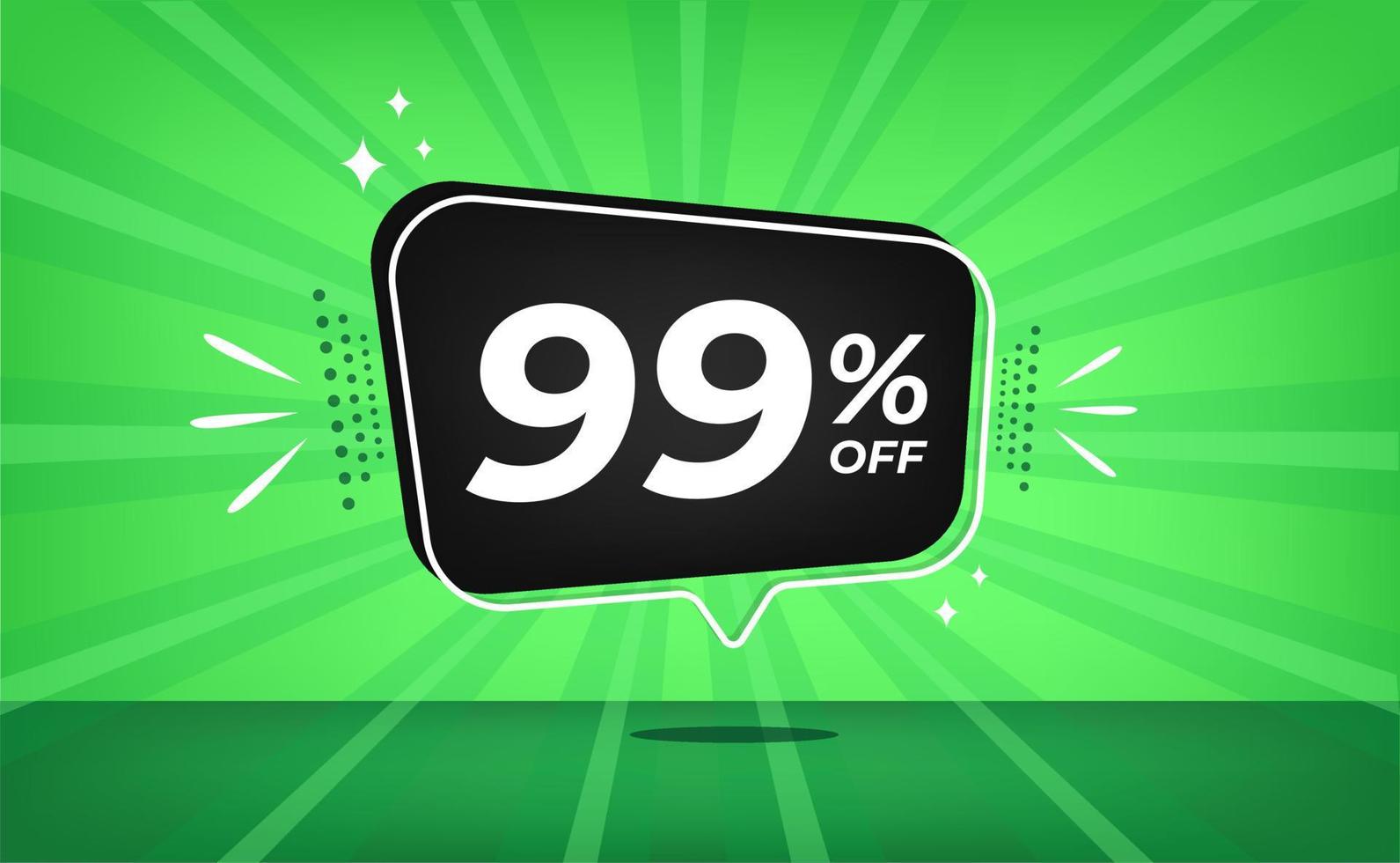 99 percent off. Green banner with ninety-nine percent discount on a black balloon for mega big sales. vector