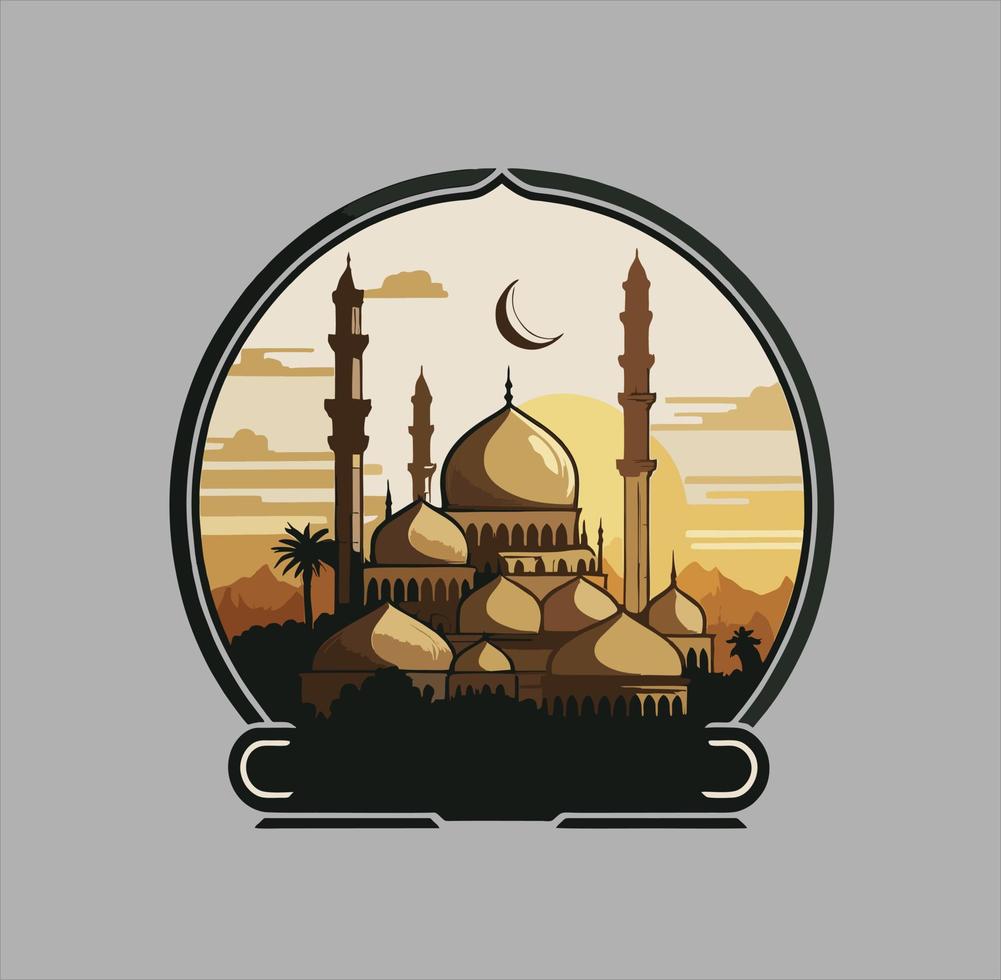 Mosque Silhouette Vector Digital logo, Art Style with round Ornament Suitable for Ramadan logo and Eid Greetings, Background