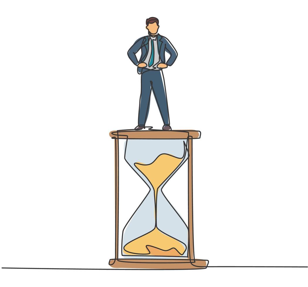 Continuous one line drawing young male worker standing above hourglass. Sandglass to show time management business minimalist concept. Single line draw design vector graphic illustration