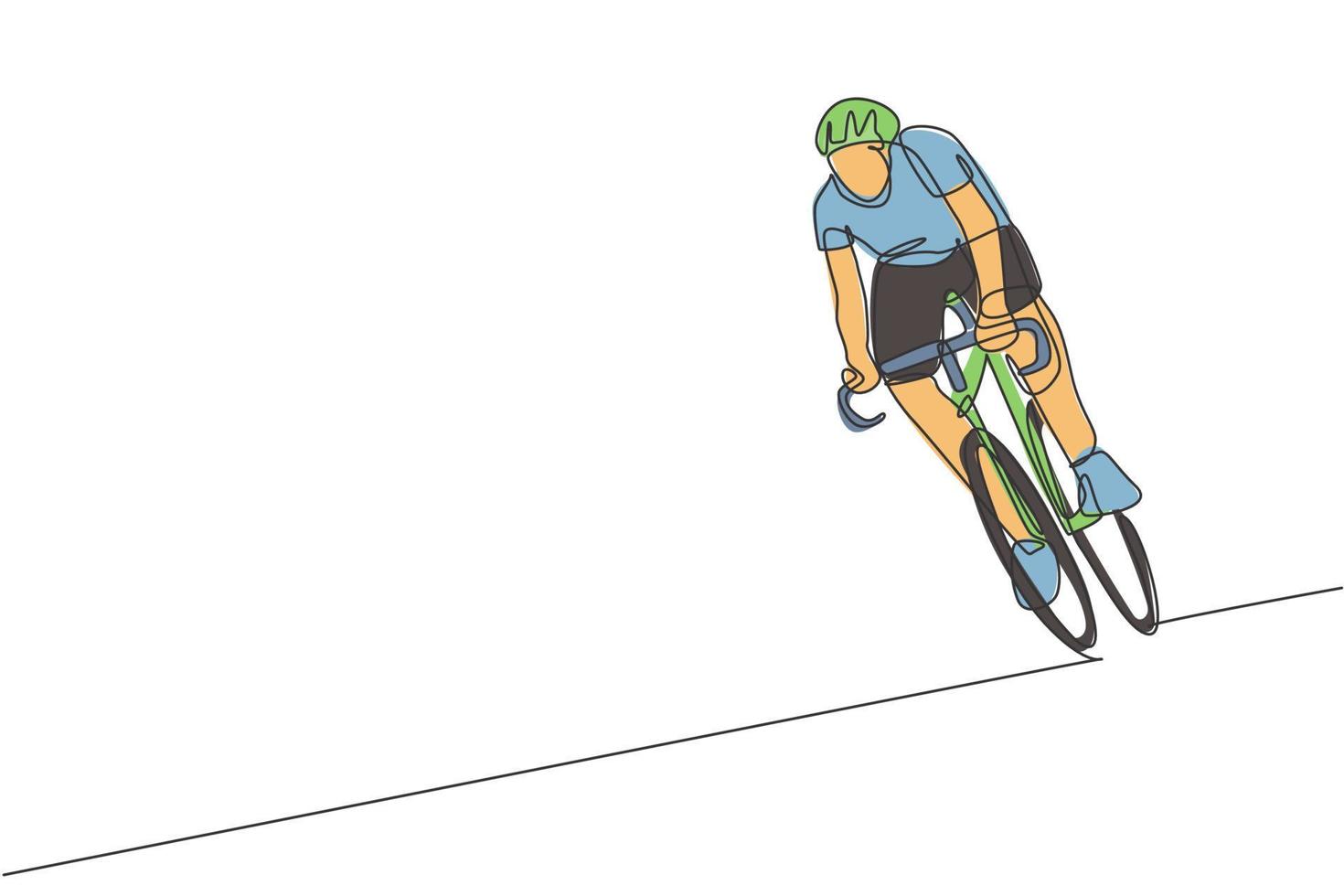 un dibujo de una sola línea de un joven corredor de bicicletas enérgico entrenando en la ilustración vectorial gráfica de la carretera. concepto de ciclista de carreras. diseño moderno de dibujo de línea continua para banner de torneo de ciclismo vector