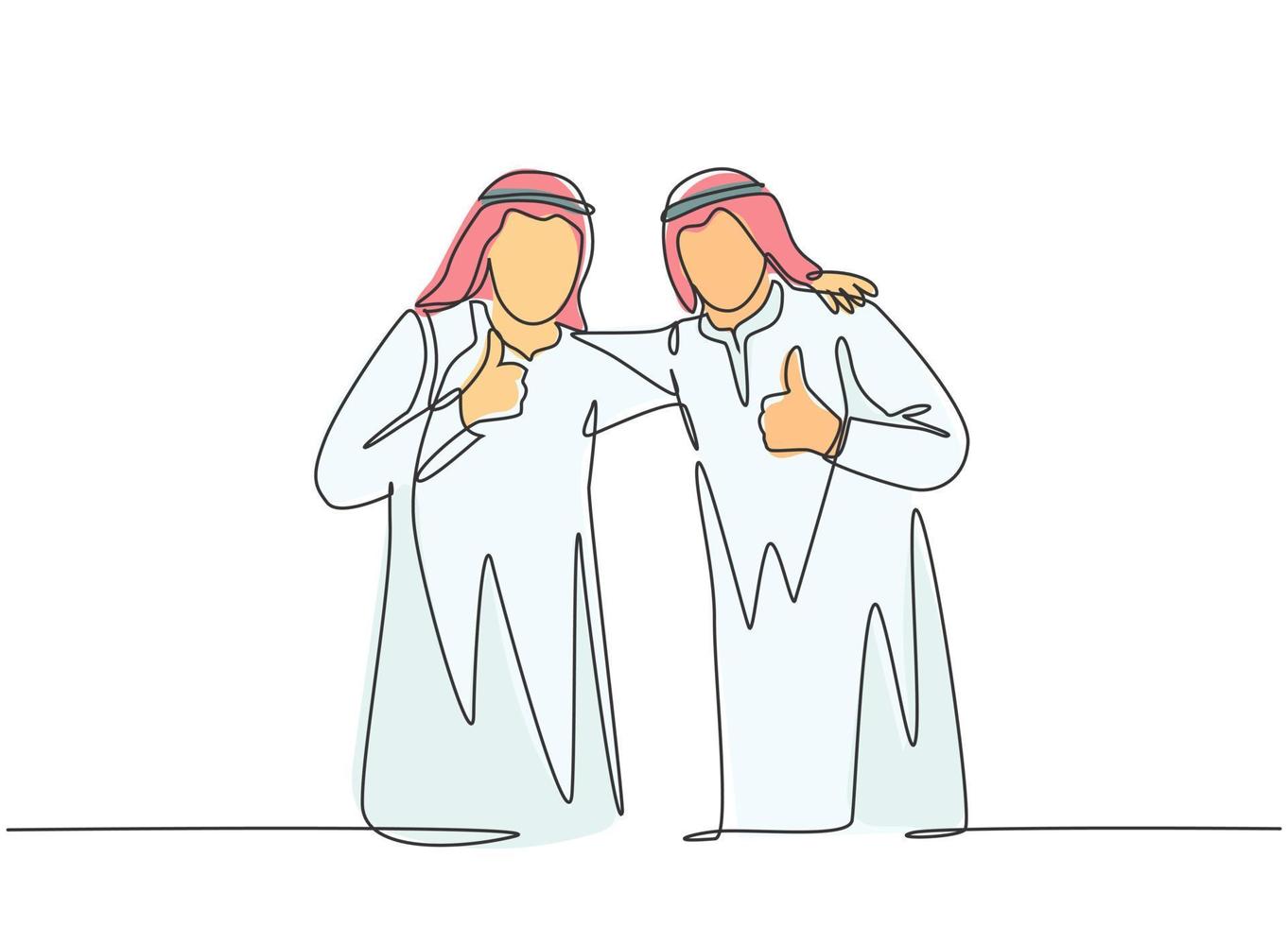 One single line drawing of young happy muslim businessman giving thumbs up gesture with colleague. Saudi Arabia cloth shmag, kandora, headscarf, thobe. Continuous line draw design vector illustration