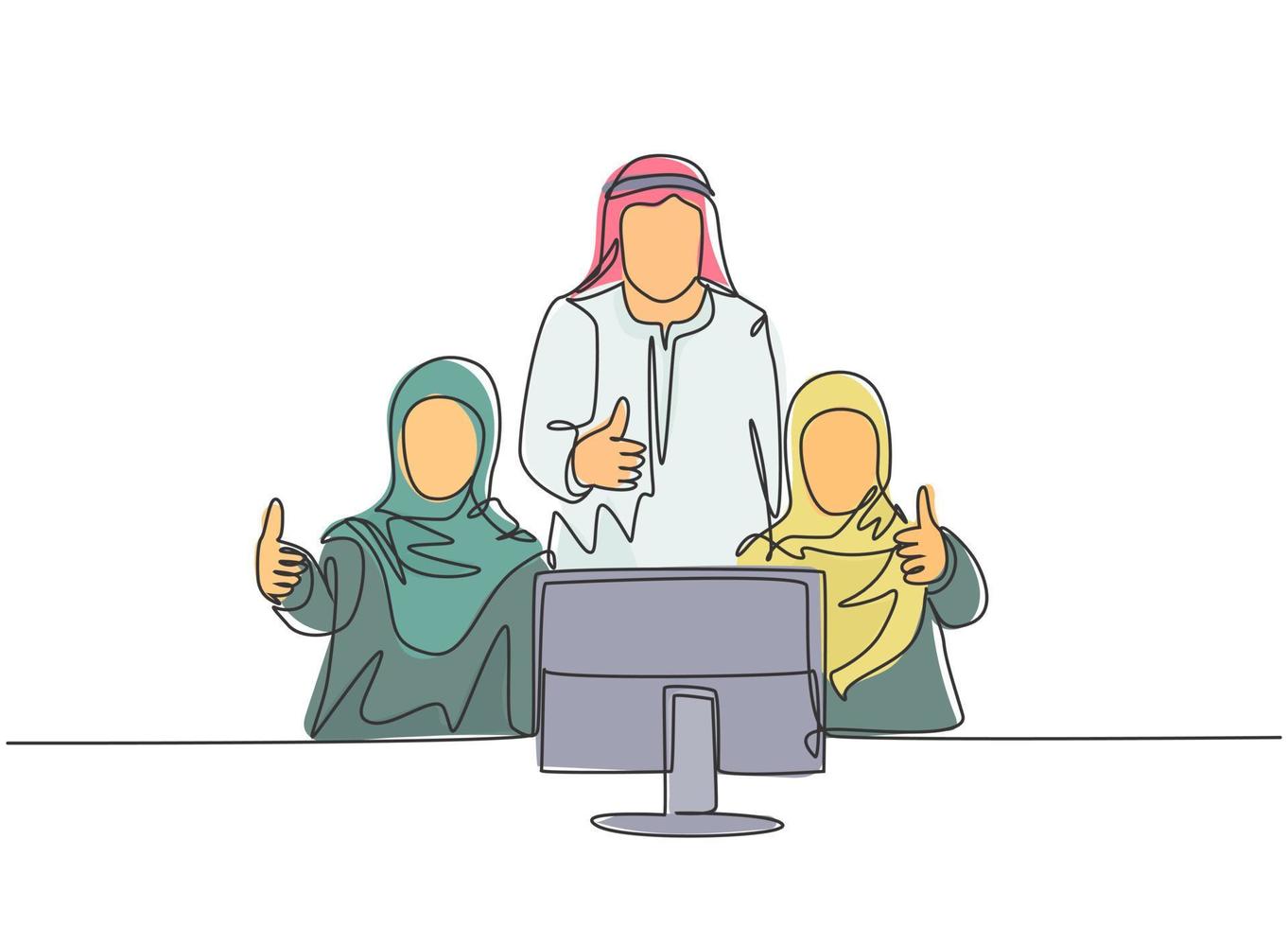 One continuous line drawing of young muslim male and female company workers giving thumbs up gestures. Islamic clothing shemag, kandura, scarf, keffiyeh. Single line draw design vector illustration