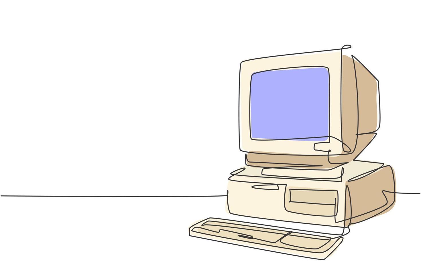 dibujo de línea continua única de la unidad de procesador de computadora personal clásica antigua retro. CPU vintage con monitor analógico y concepto de elemento de teclado Ilustración de vector gráfico de diseño de dibujo de una línea