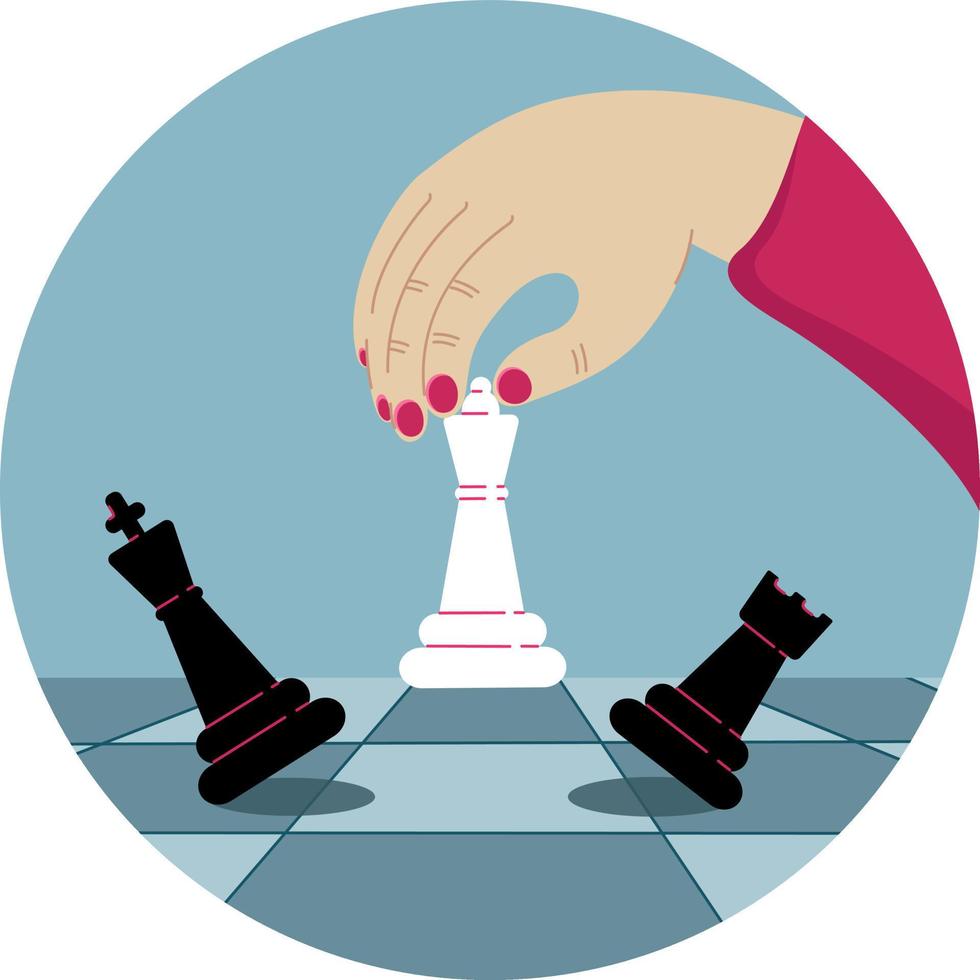 Female hand holding white queen figure. Woman playing chess. Checkmate, business success, strategy concept. Vector flat illustration in circle.