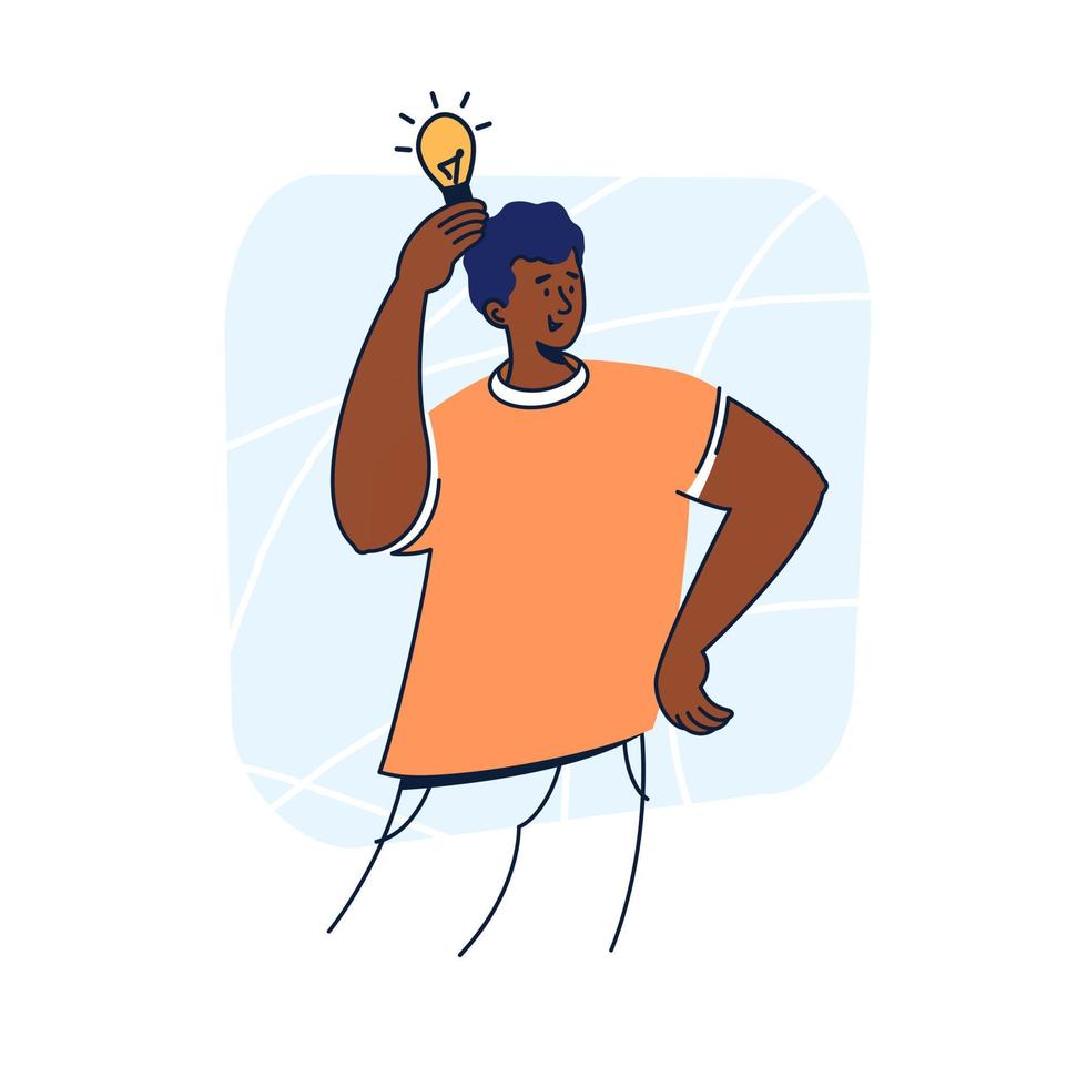 Happy smiling black man with light bulb in his hand. A dark skin person come up with an idea flat graphic vector illustration with outlines. Bingo, eureka, solution, insight concept..