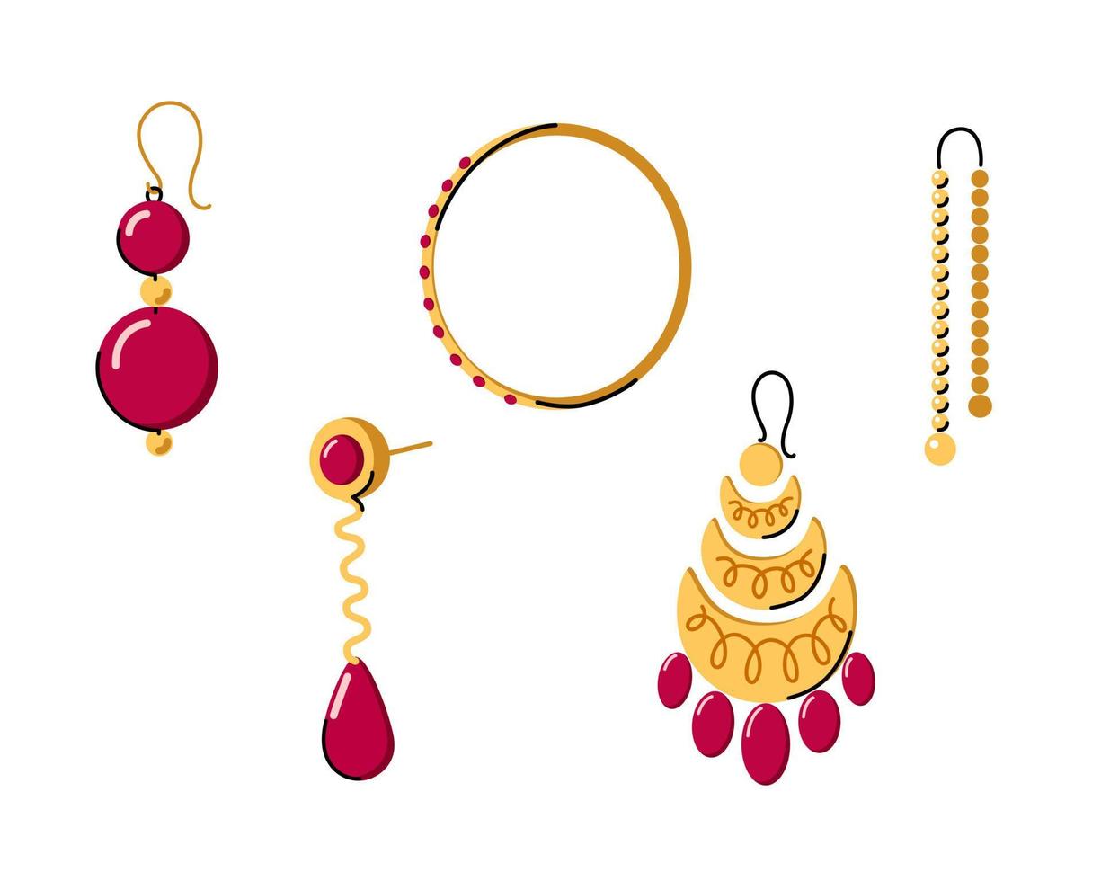 Women different earrings types collection. Gold jewelry with red gems. Hand made and craft jewelry concept. Doodle hand drawn vecror illustration set. vector