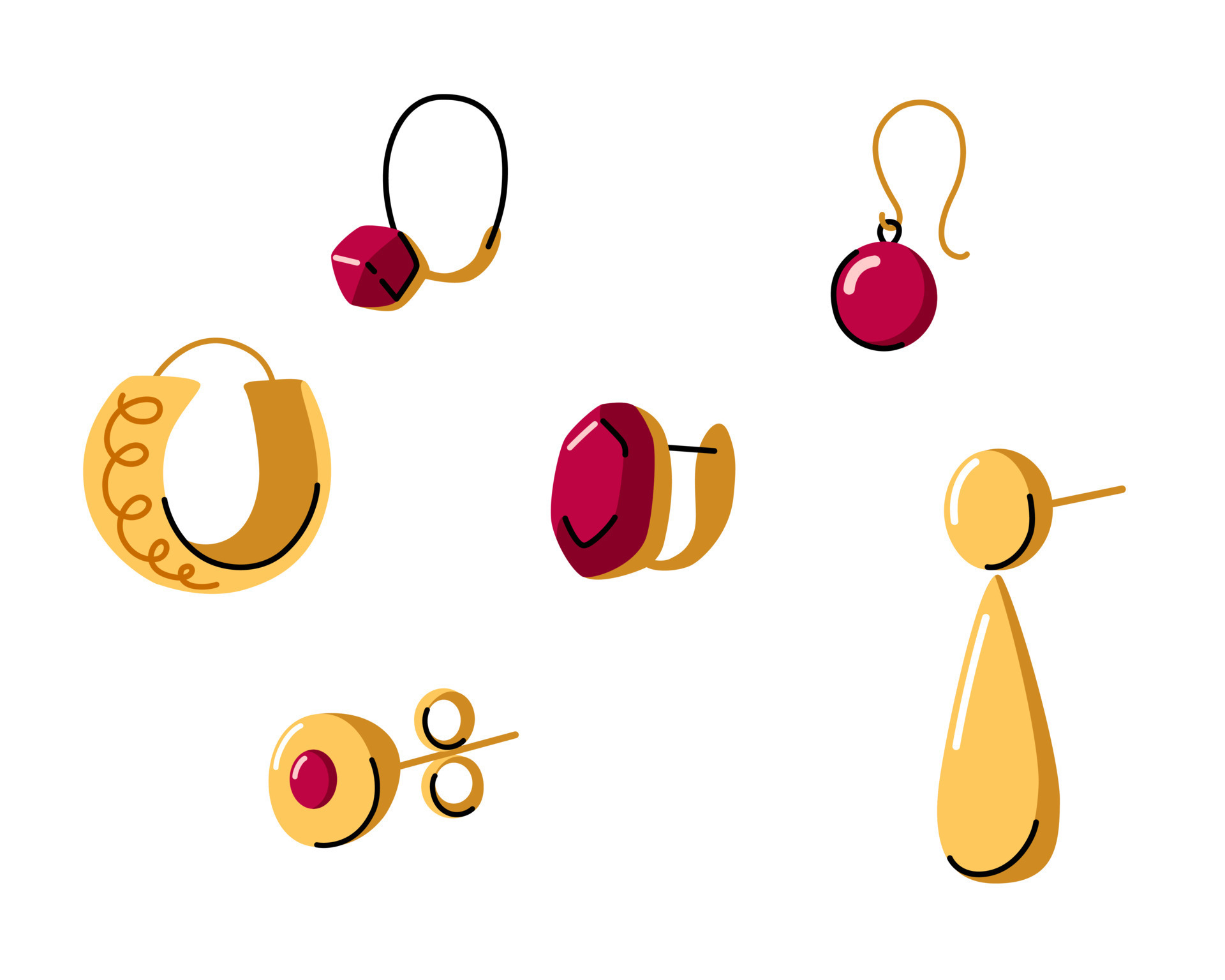 Golden earrings doodle hand drawn vector illustration set. Huggies