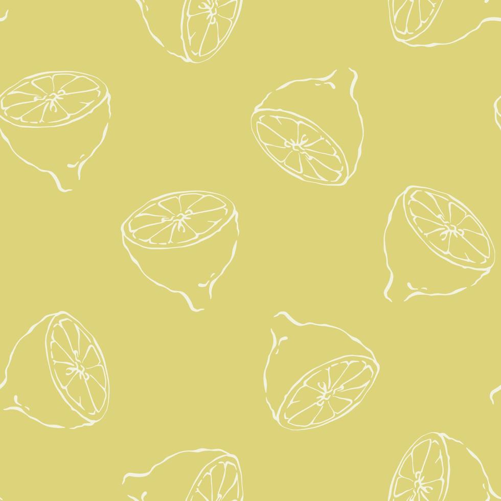 Hand drawn lemon seamless pattern with outline lemon halves on yellow background. Summer fresh fruit vector graphic design for menu, package, kitchen textile, wallpapers.