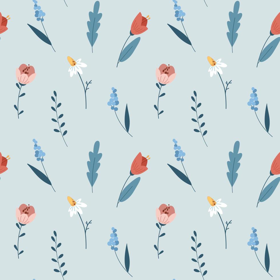 Spring garden flowers doodle seamless pattern with red tulips, chamomille and leaves. Simple minimalistic flat cartoon design on light blue background. vector