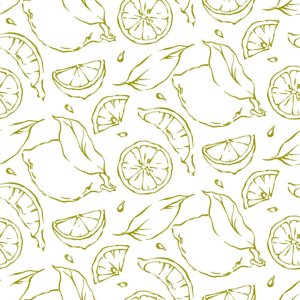 Lemon seamless pattern freehand green contour elements on white background. Summer fresh fruit vector graphic design for menu, package, kitchen textile, wallpapers.