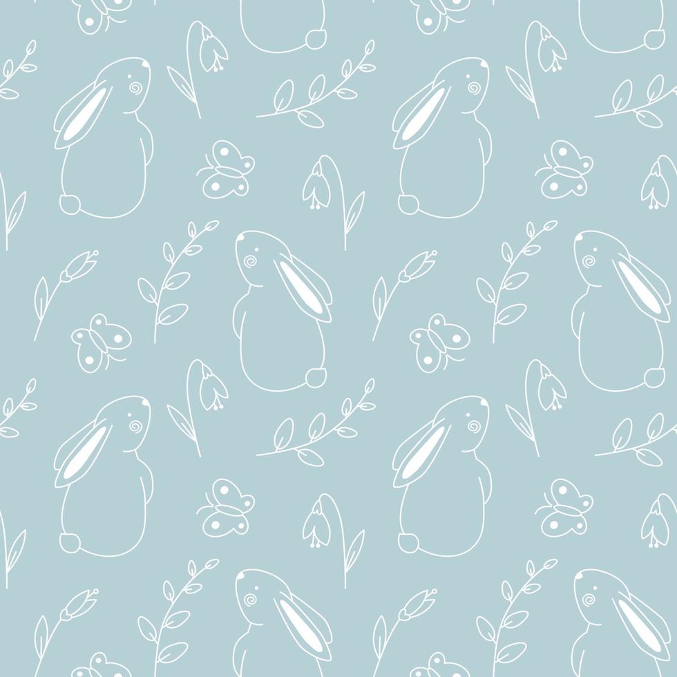 Easter bunny seamless pattern doodle vector design. Cute rabbit, spring snowdrop flowers and butterflies white outline drawing on light blue background.