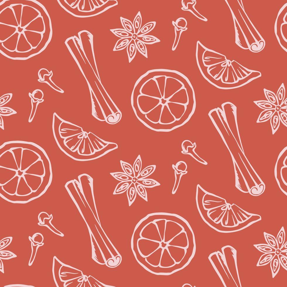 Hand drawn seamless pattern with cinnamon, carnation, anise and orange slices. Mulled wine or bakery spices and ingredients. Vector kitchen background for menu design, textile, fabric, wrapping paper