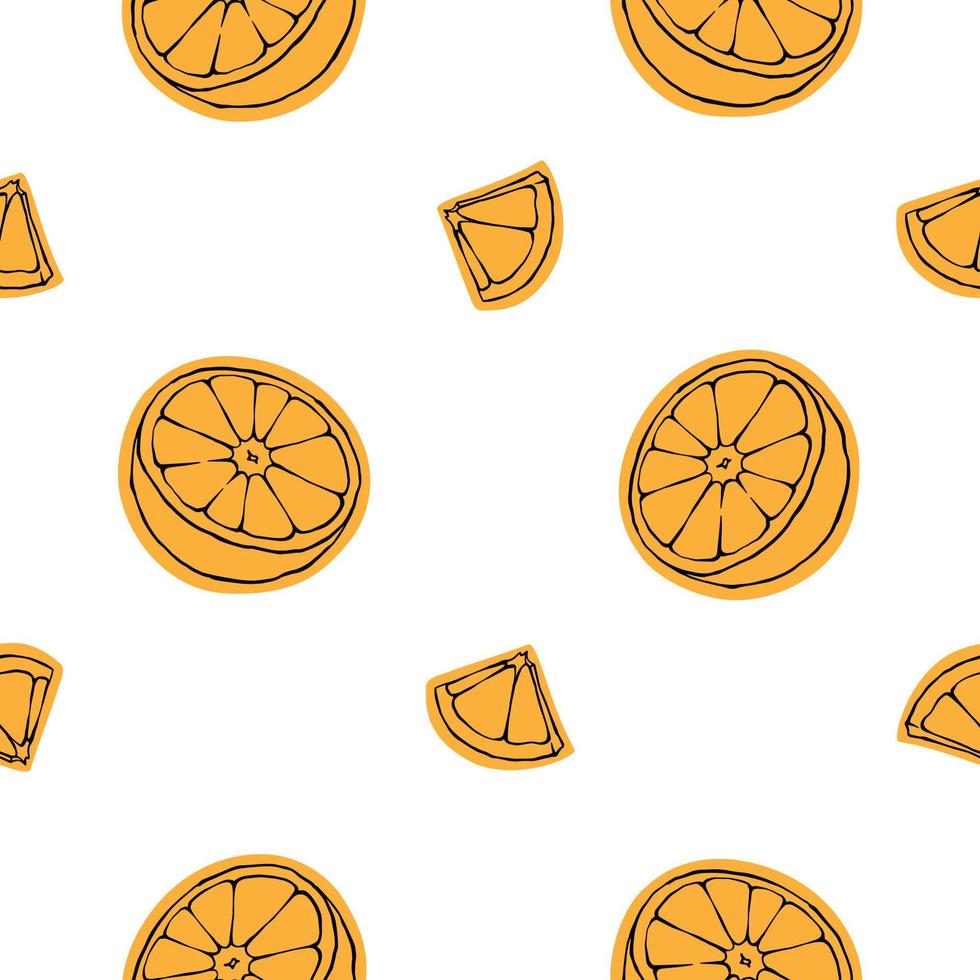 Orange pieces seamless pattern on white background. Vector minimalistic summer citrus fruit background design for menu, package, kitchen textile, wrapping paper.