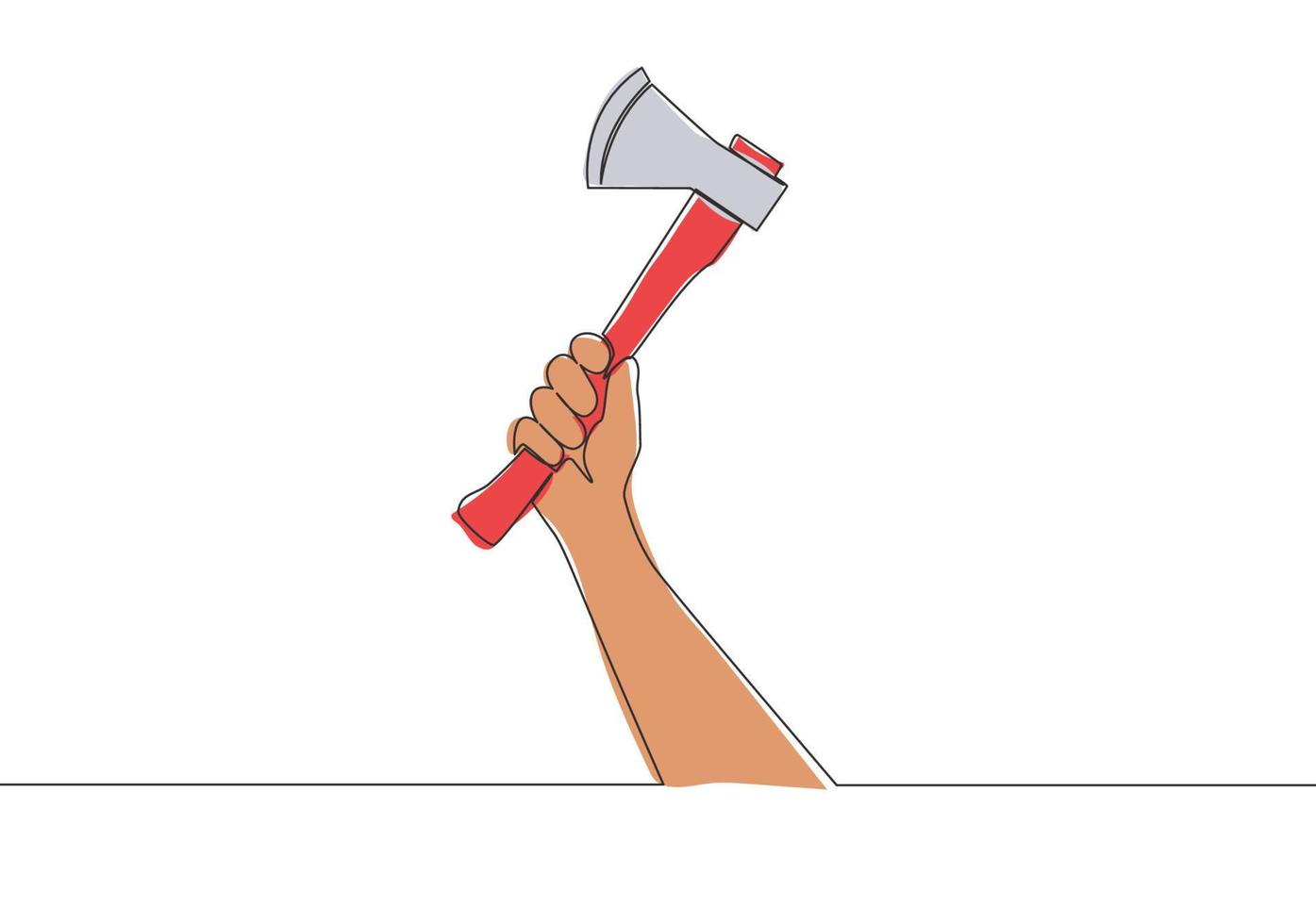 One single line drawing of man holding hand axe. Carpenter tools concept. Continuous line draw vector design illustration