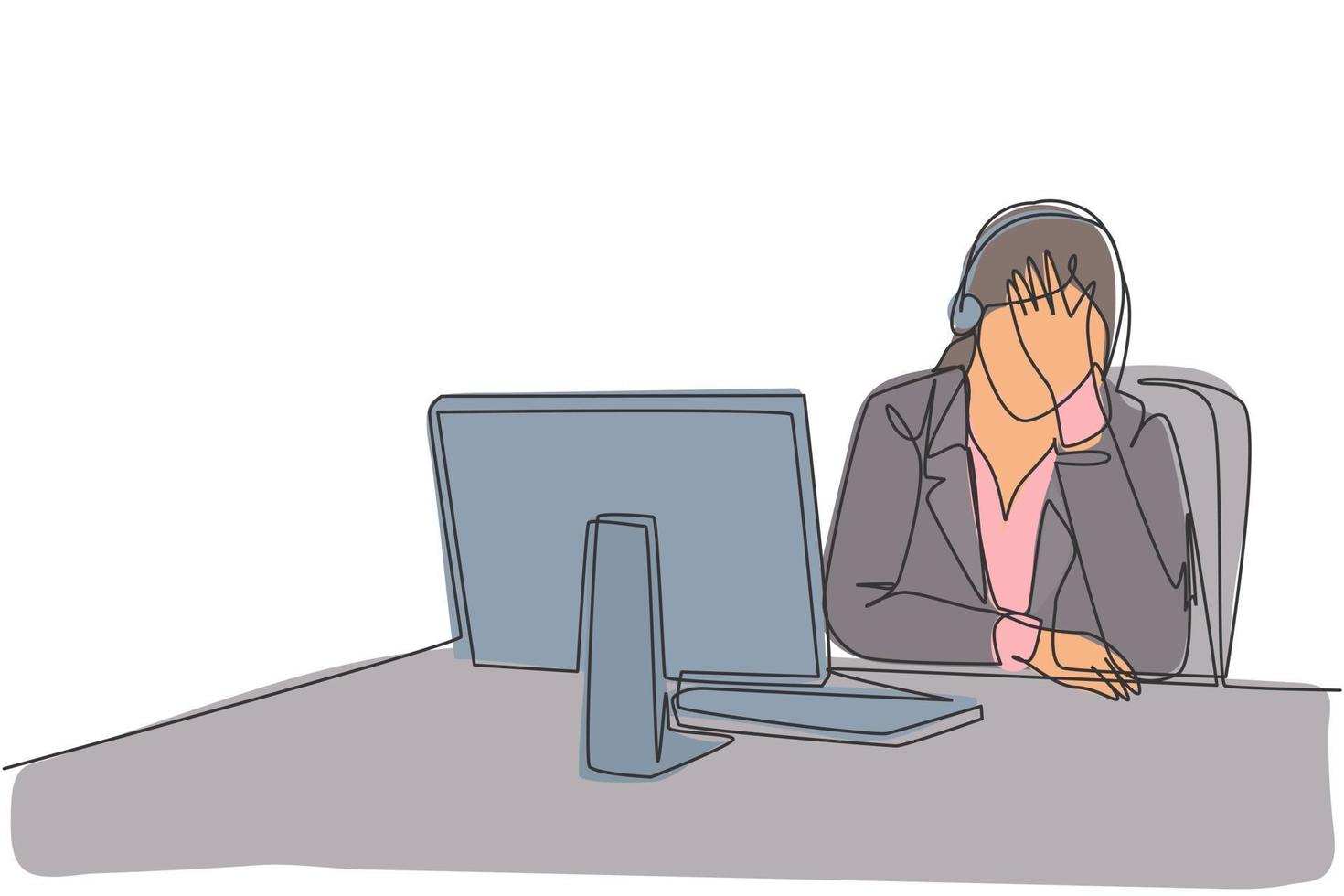 Single continuous line drawing of young bored and tired female call center worker answering complain from a lot of customers. Helpdesk center care concept one line draw design vector illustration