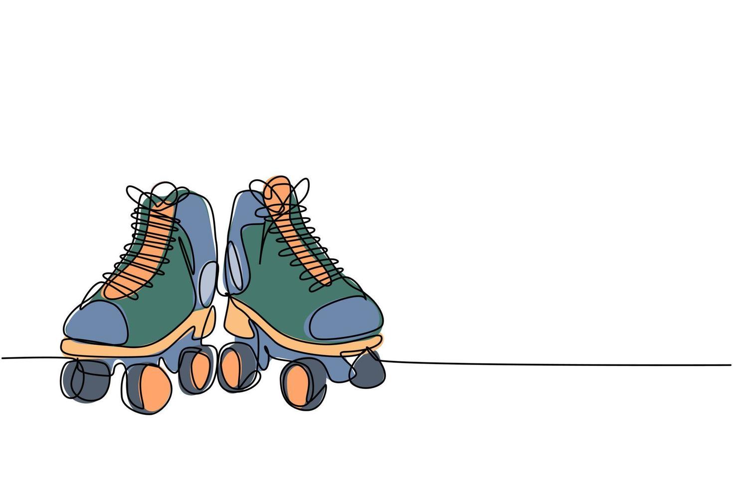 dibujo de línea continua única par de viejos zapatos de patines de ruedas de plástico retro. Vintage clásico deporte extremo concepto gráfico de ilustración de vector de diseño de dibujo de una línea
