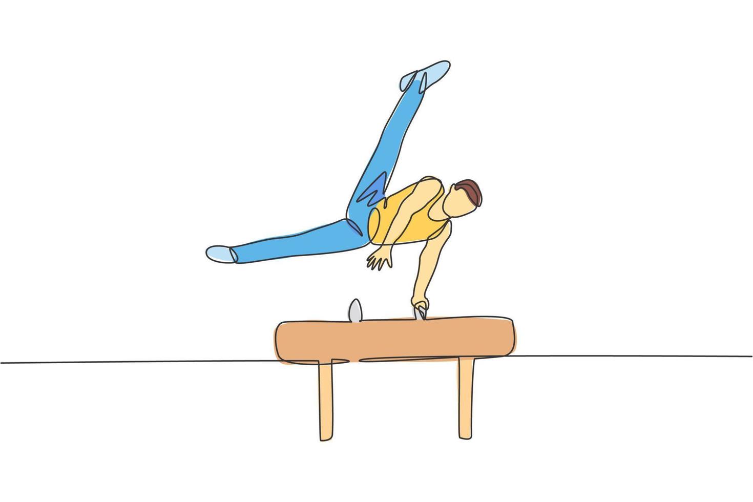 un dibujo de línea continua de un joven ejerciendo un caballo de pomo en gimnasia. atleta gimnasta en leotardo. deporte saludable y concepto activo. Gráfico dinámico de ilustración vectorial de diseño de dibujo de una sola línea vector