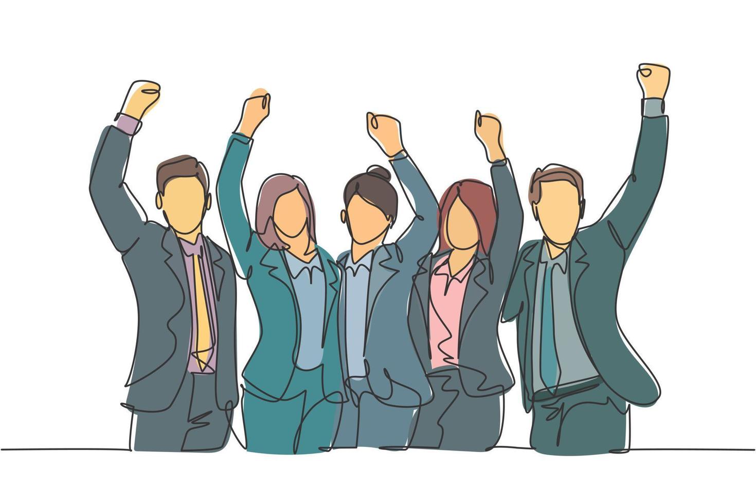 One continuous line drawing of young happy male and female managers raise their hands up to the sky together. Business teamwork celebration concept single line draw design graphic vector illustration