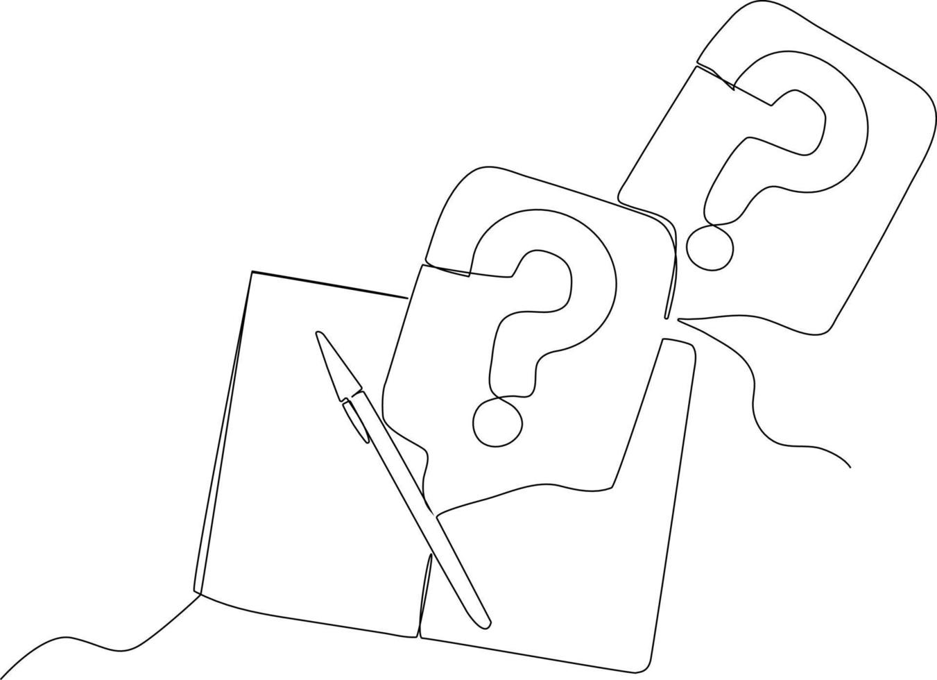 Continuous one line drawing book, pencil and question mark. Frequently Asked Questions Concept. Single line draw design vector graphic illustration.