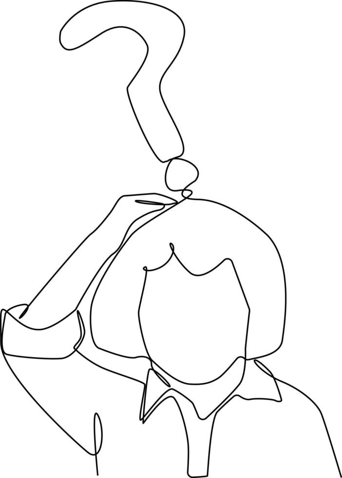 Continuous one line drawing little girl has question mark on head. Frequently Asked Questions Concept. Single line draw design vector graphic illustration.