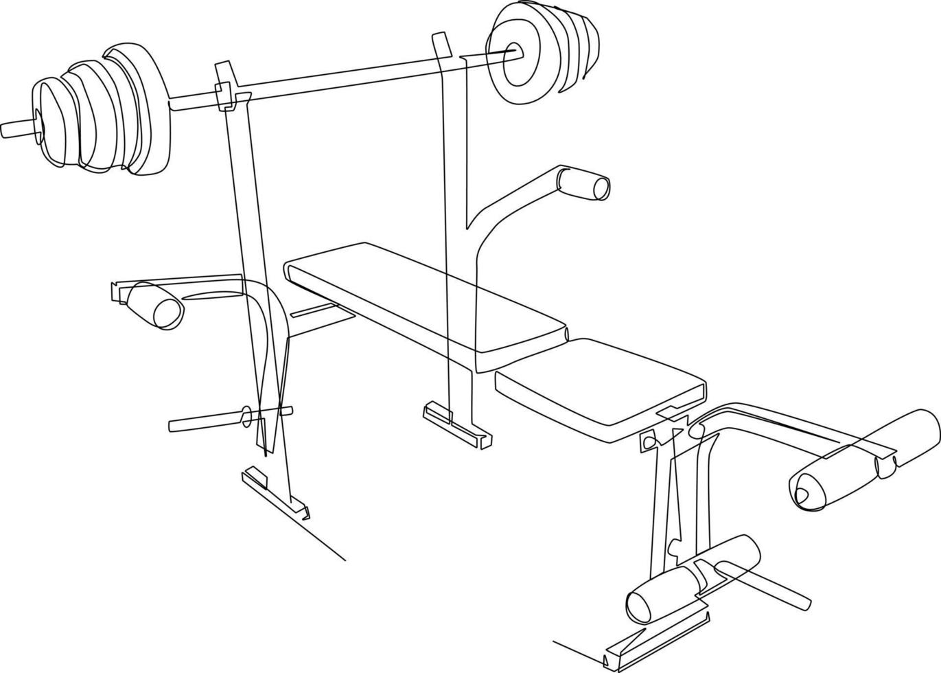 Single one line drawing Workout weight bench with dumbbells shot. Fitness activity concept. Continuous line draw design graphic vector illustration.