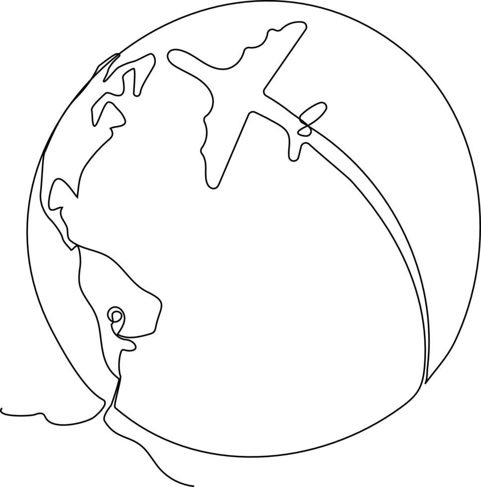 Continuous one line drawing Plane and globe. World traveler Concept. Single line draw design vector graphic illustration.