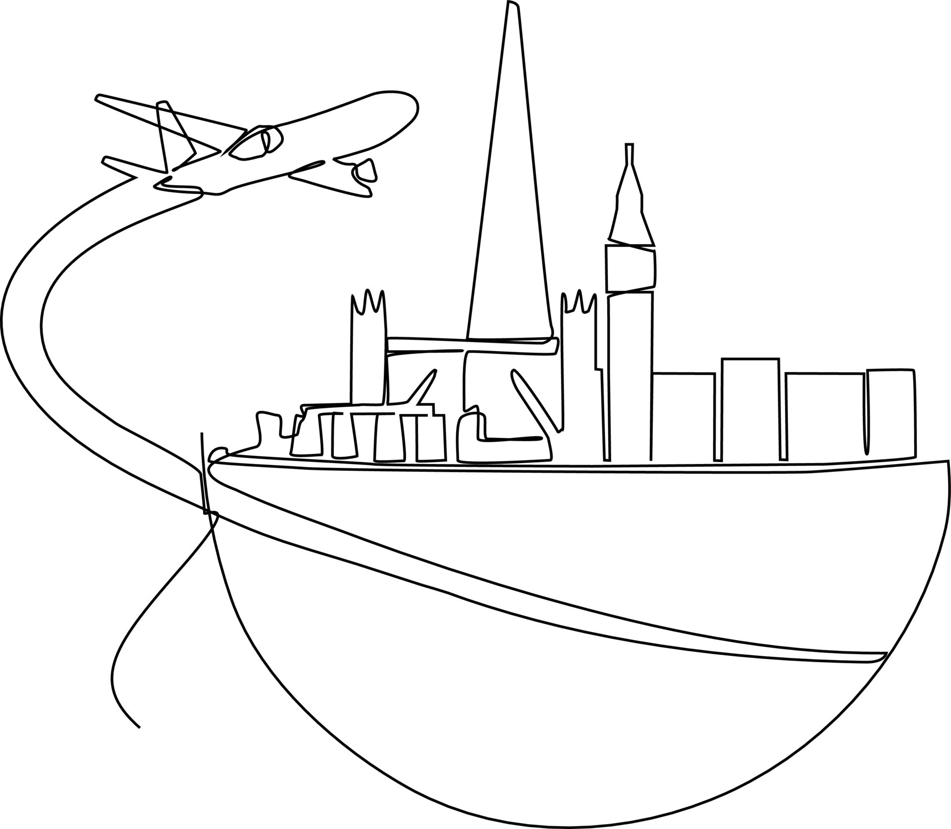 Continuous one line drawing air plane with famous world landmarks