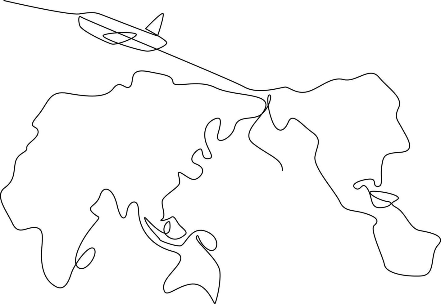 Continuous one line drawing World Travel Map and air plane. World traveler Concept. Single line draw design vector graphic illustration.