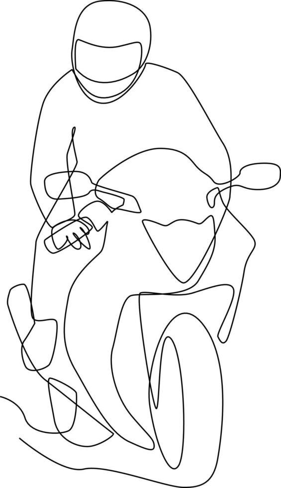 Continuous one line drawing happy man riding motorbike on the road using helmet. Safety ride concept. Single line draw design vector graphic illustration.