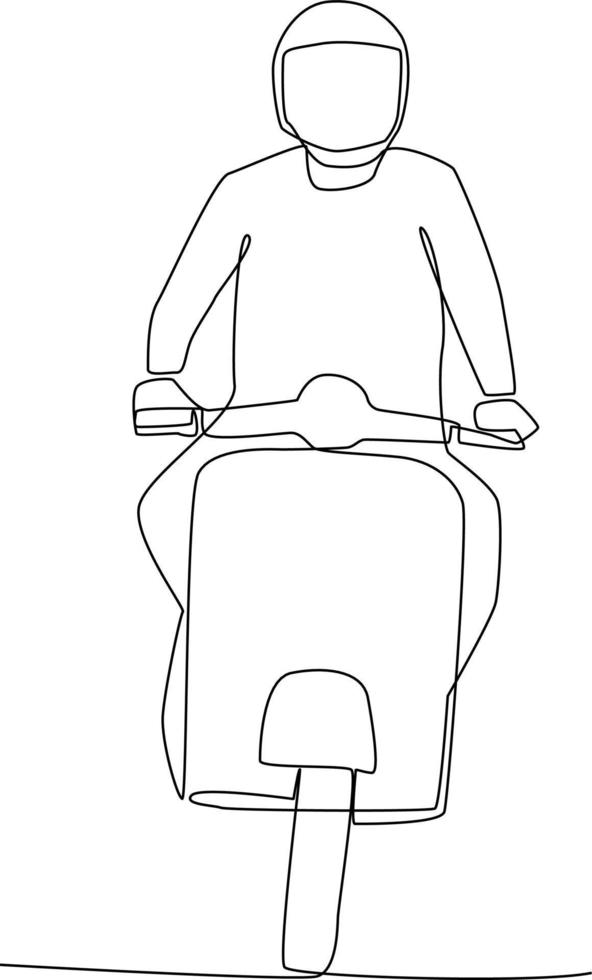 Continuous one line drawing happy man riding vintage motorcycle on the road using helmet. Safety ride concept. Single line draw design vector graphic illustration.
