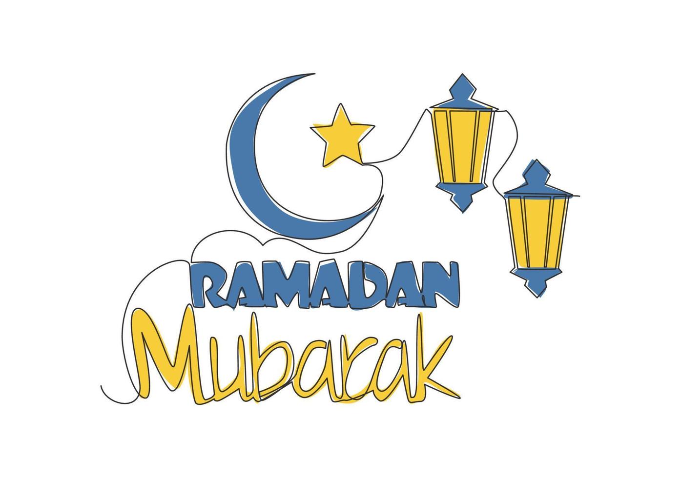 One continuous line drawing of Happy Eid Al Fitr Mubarak and Ramadan Kareem concept. Islamic holiday calligraphic design for print, greeting card, banner, poster. Single line draw design illustration vector