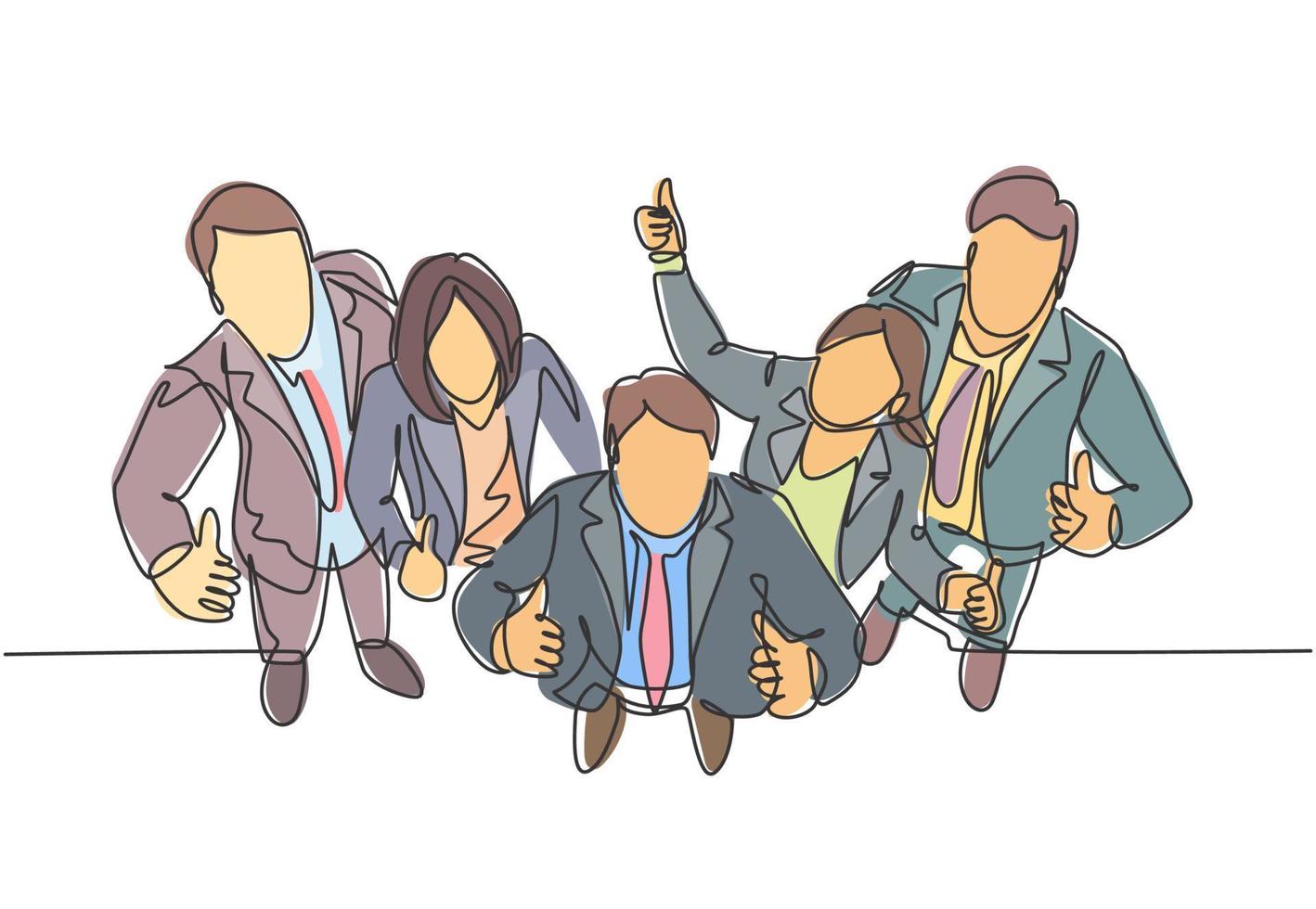 Single line drawing group of line up young businessmen and businesswoman standing up together giving thumbs up gesture from top view. Business concept. Continuous line draw design vector illustration