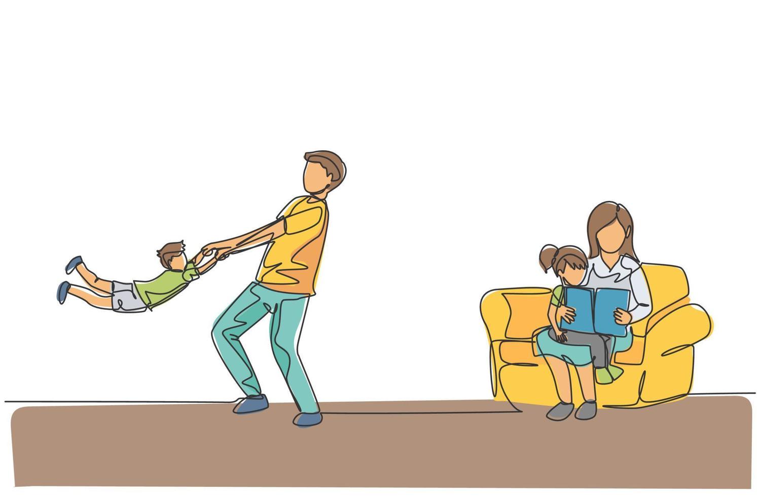 Single continuous line drawing of young father playing with son while mother sitting on sofa and reading book to daughter. Happy family parenting concept. One line draw design vector illustration