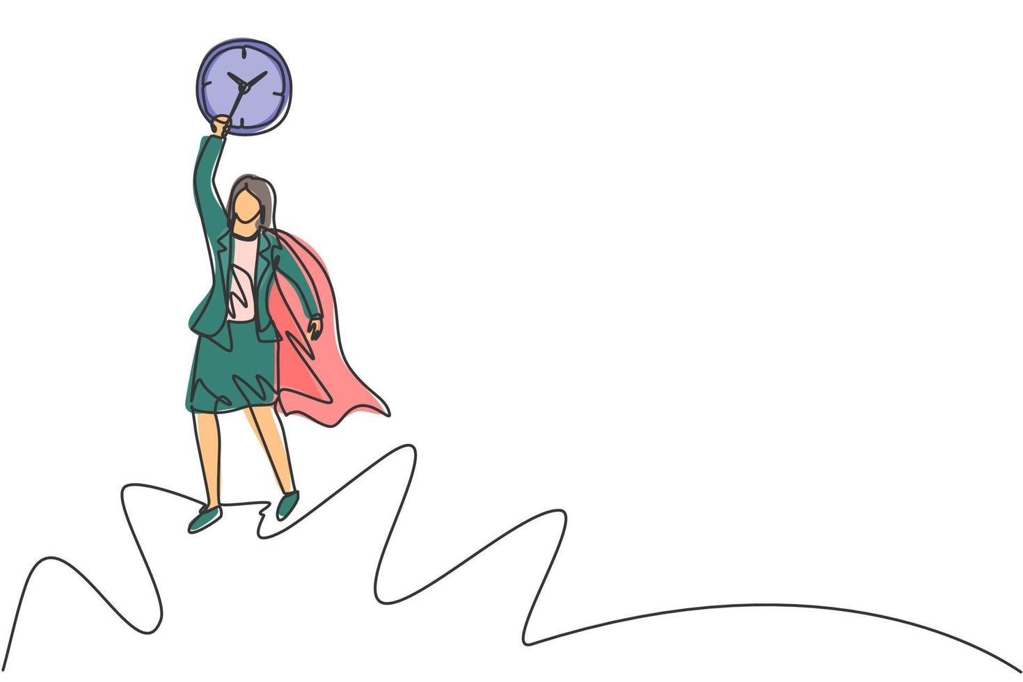 Continuous one line drawing young woman worker with wing flying to the sky to reach analog clock. Minimalism metaphor business deadline concept. Single line draw design vector graphic illustration.