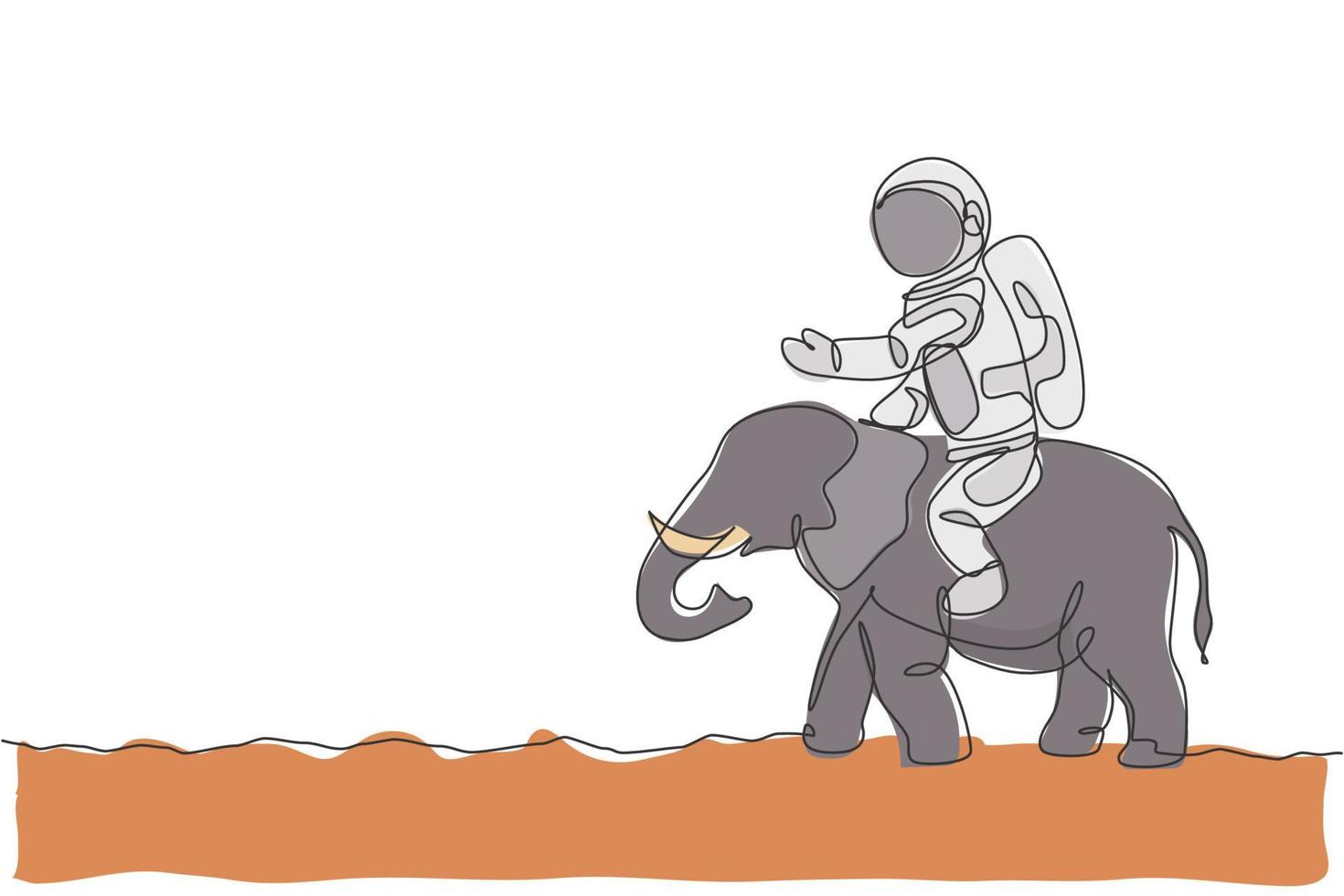 One continuous line drawing of cosmonaut with spacesuit riding Aisan elephant, wild animal in moon surface. Astronaut zoo safari journey concept. Trendy single line draw design vector illustration