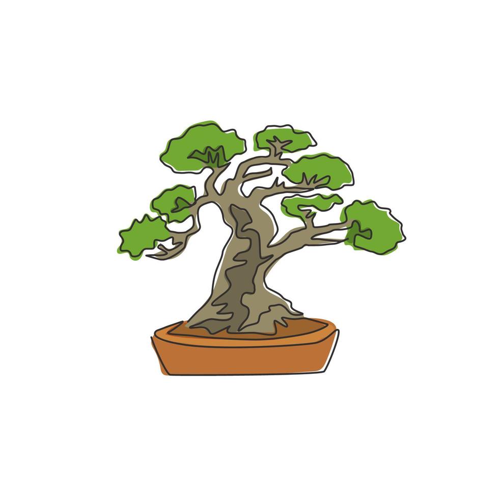 un dibujo de línea continua de una antigua belleza y un exótico árbol bonsai en miniatura. concepto decorativo de la planta de banyan para el logotipo de la exposición agrícola. Ilustración gráfica de vector de diseño de dibujo de línea única de moda