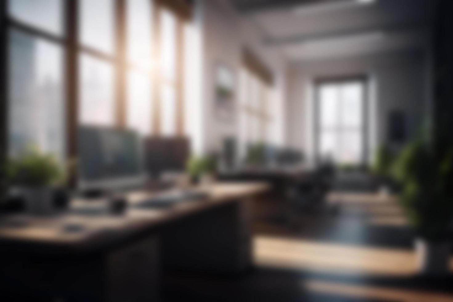 Blurred background, Business office, interior with desks of computers. Business background. photo