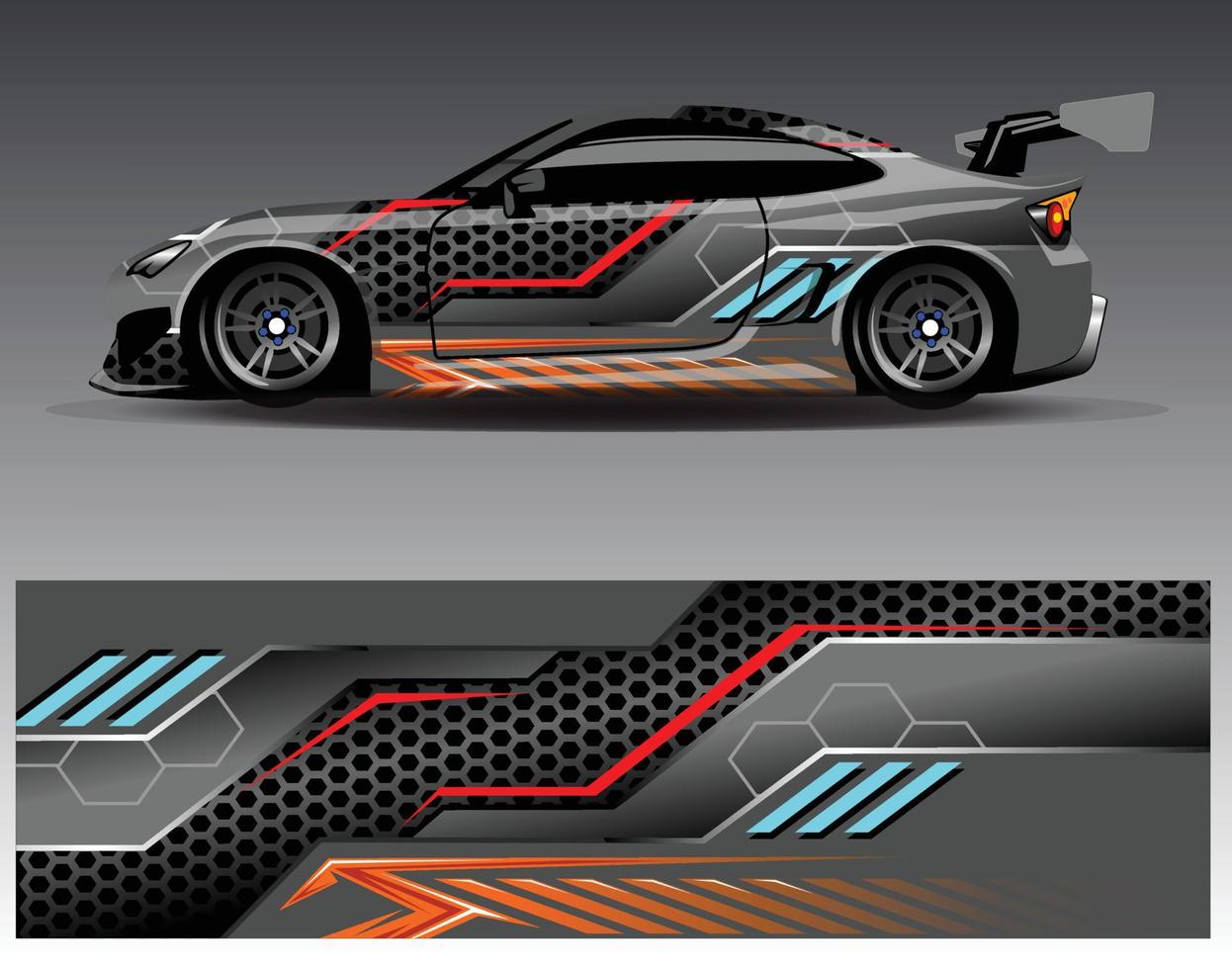 vector de diseño de envoltura de coche. Diseños de kits de fondo de carreras de franjas abstractas gráficas para envolver vehículos carrera de autos rally aventura y librea