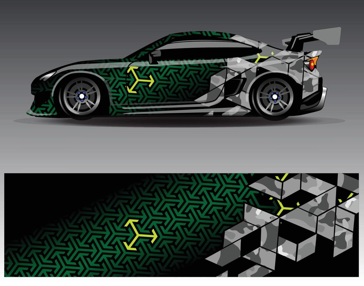 vector de diseño de envoltura de coche. Diseños de kits de fondo de carreras de franjas abstractas gráficas para envolver vehículos carrera de autos rally aventura y librea