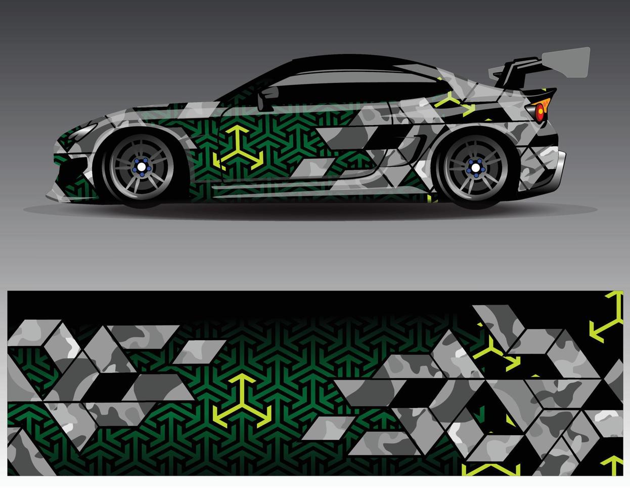 vector de diseño de envoltura de coche. Diseños de kits de fondo de carreras de franjas abstractas gráficas para envolver vehículos carrera de autos rally aventura y librea