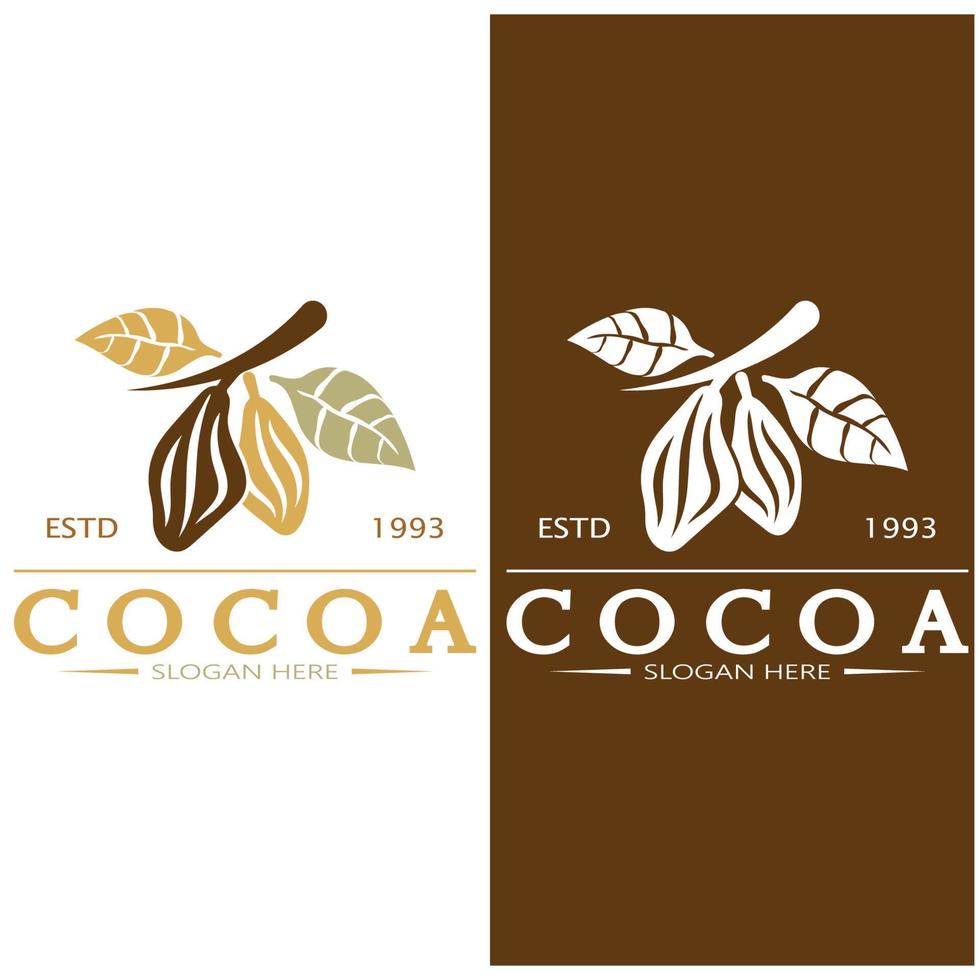 cocoa logo,cocoa bean,cocoa tree,cocoa branches and leaves,chocolate mix on white background,vintage,modern,simple,minimalist icon illustration template design vector