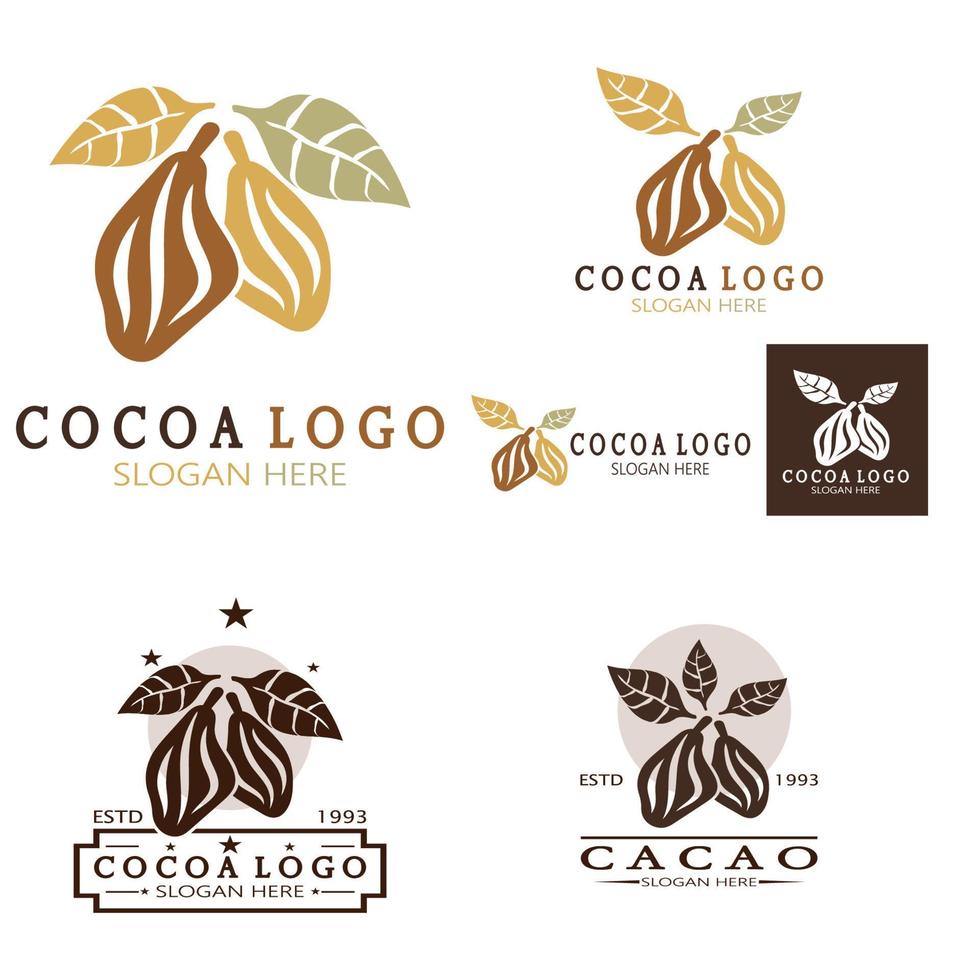 cocoa logo,cocoa bean,cocoa tree,cocoa branches and leaves,chocolate mix on white background,vintage,modern,simple,minimalist icon illustration template design vector