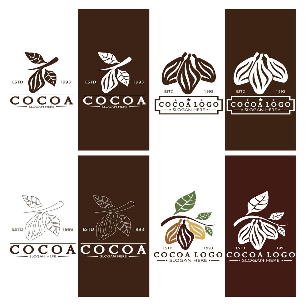 cocoa logo,cocoa bean,cocoa tree,cocoa branches and leaves,chocolate mix on white background,vintage,modern,simple,minimalist icon illustration template design vector