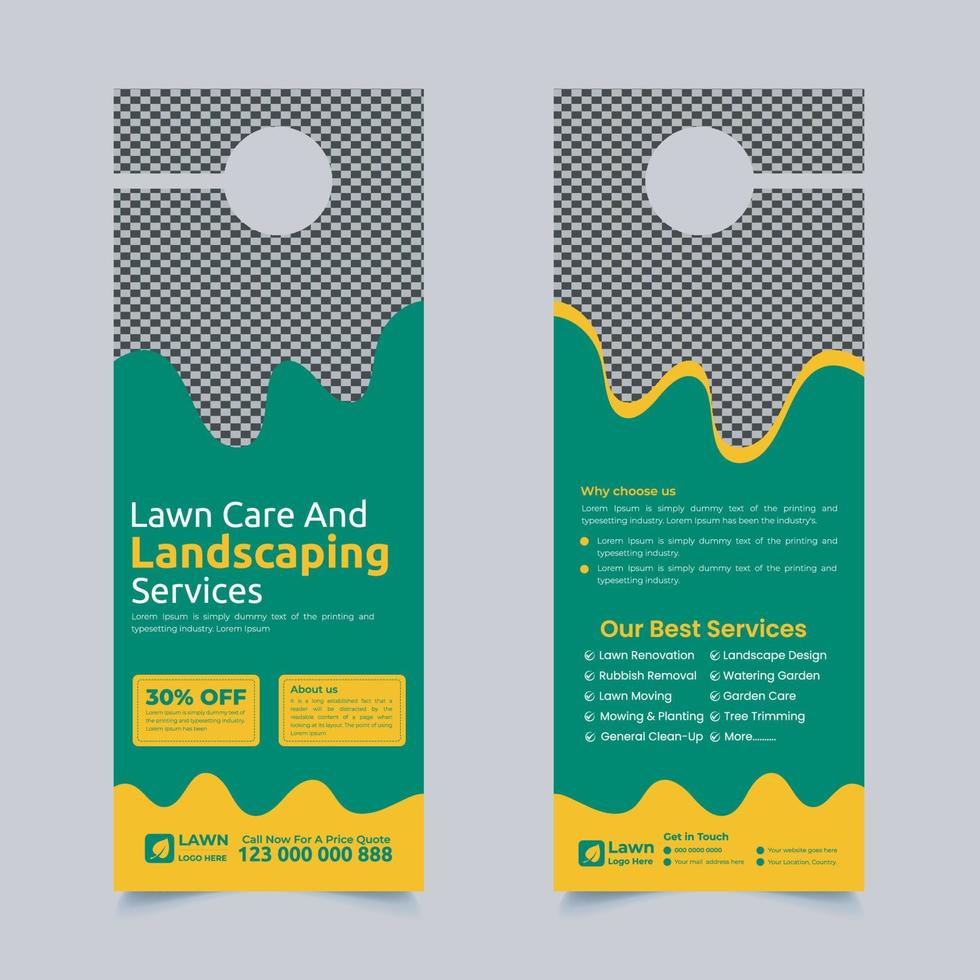 lawn care and gardening, lawn trimming, door hanger design template, Or lawn mower and landscaping door hanger template vector layout