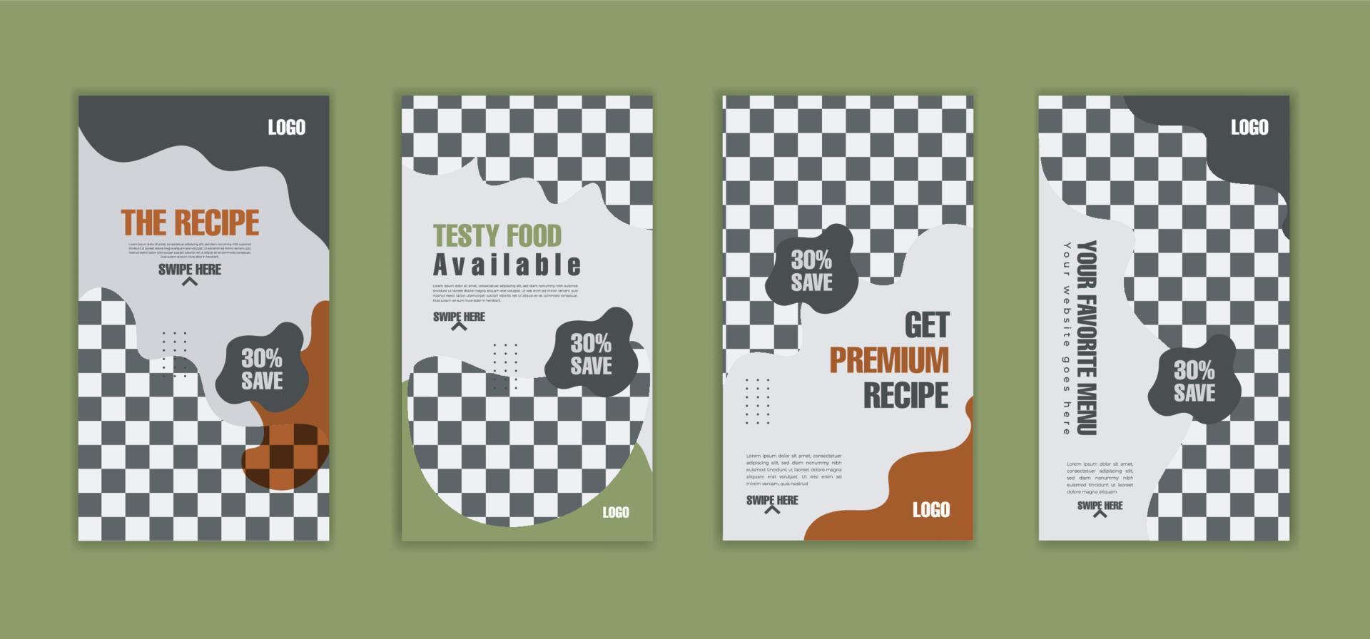 Food Instagram stories social media template, Food recipe menu 5 Instagram Stories template design or Delicious recipes Instagram stories template vector layout