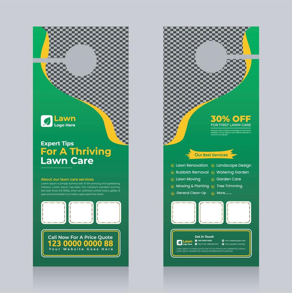 lawn care and gardening, lawn trimming, door hanger design template, Or lawn mower and landscaping door hanger template vector layout