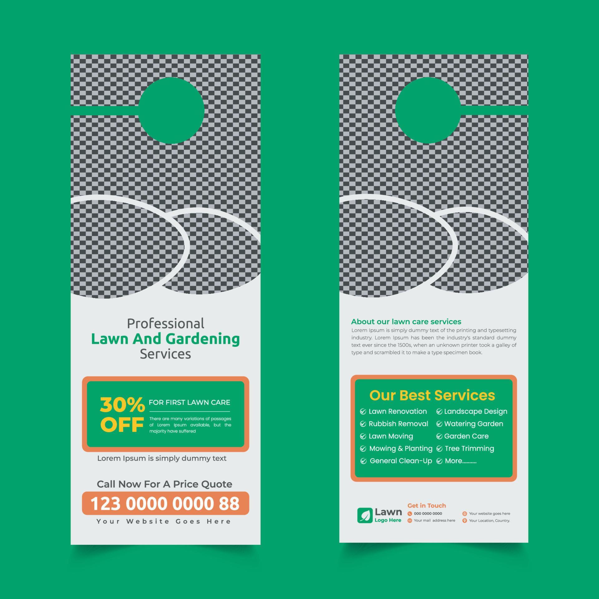 lawn care and gardening, lawn trimming, door hanger design template, Or